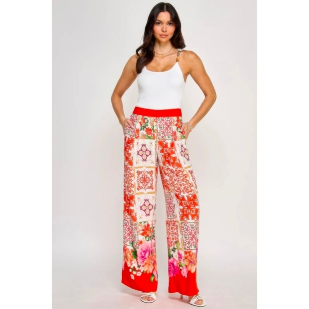 Floral Tile Print Wide-Leg Pants - Red/White